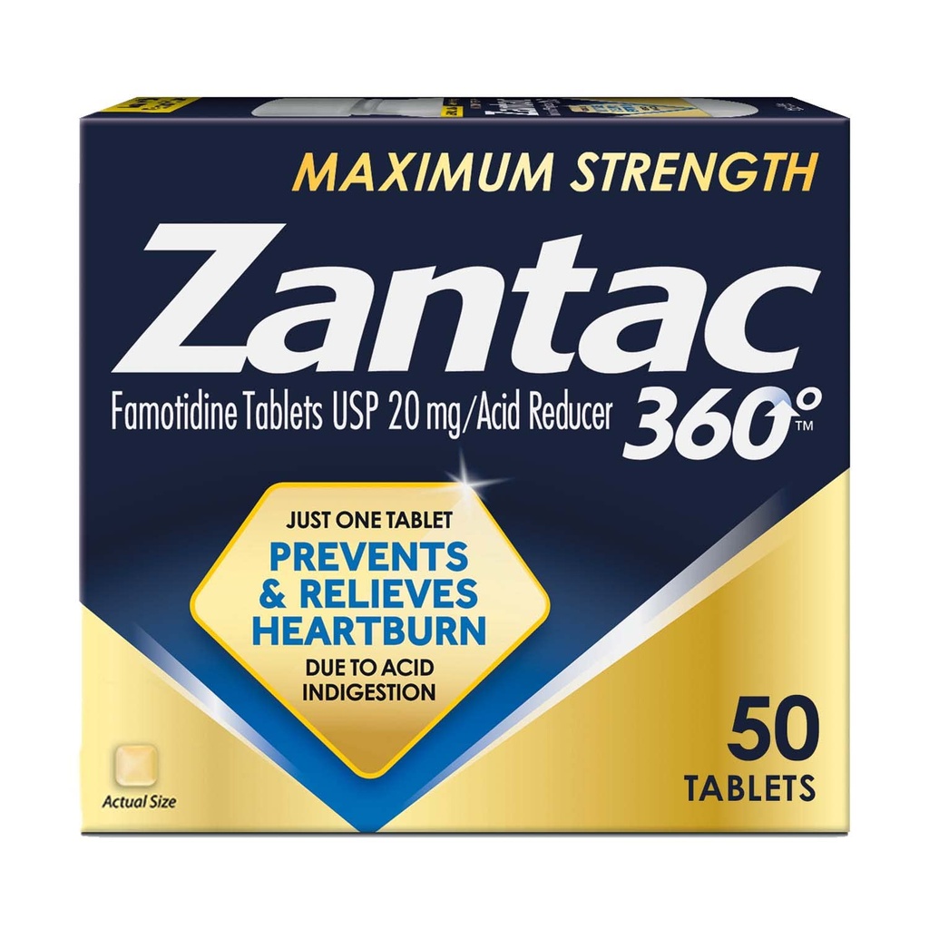 Zantac 360 Maksimum Kekuatan Tablet, 50 Count, Pencegahan Heartburn dan Bantuan, 20 mg tablet