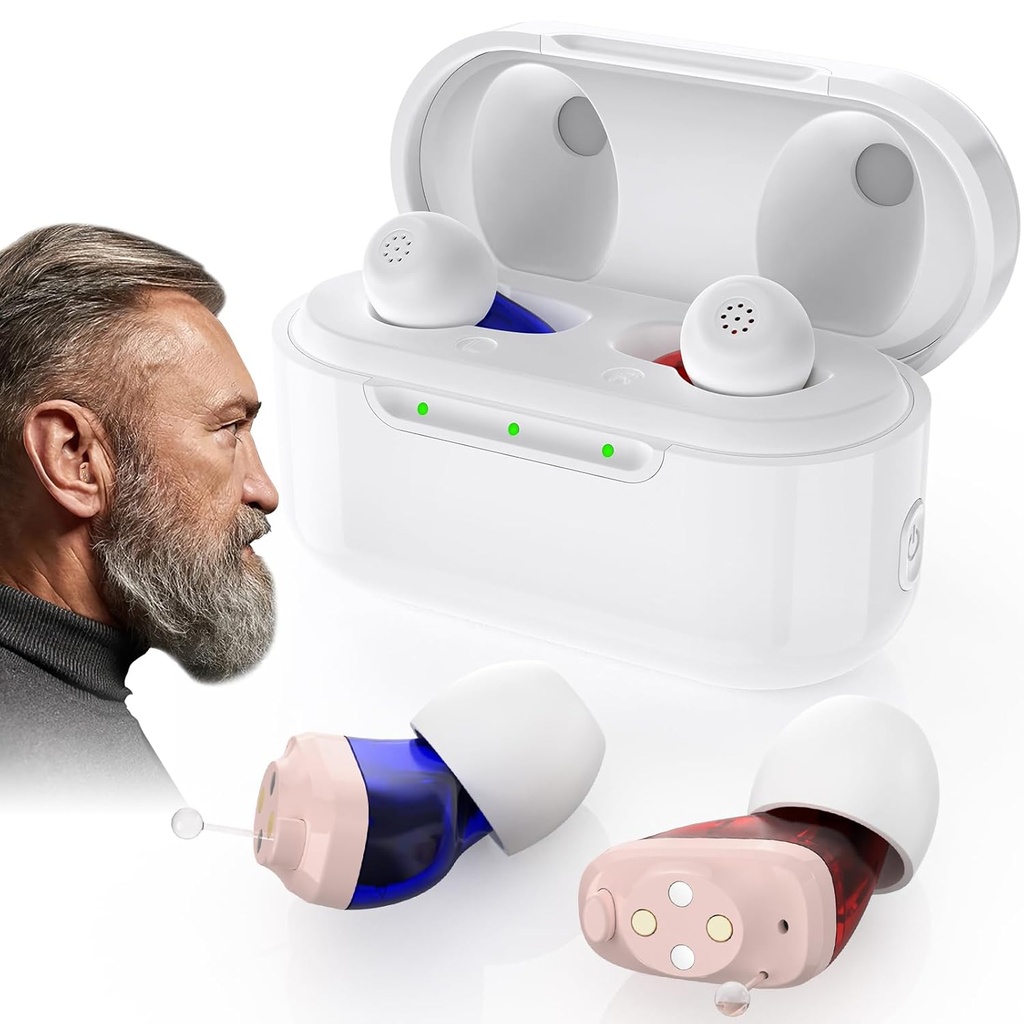 Rechargable OTC Hearing Aids for Seniors - 16 Channels & 4 Modes Hearing Amplifier with Noise Cancelling, In- Ear Perangkat In- Ear Invisible with Charging Case for Adult
