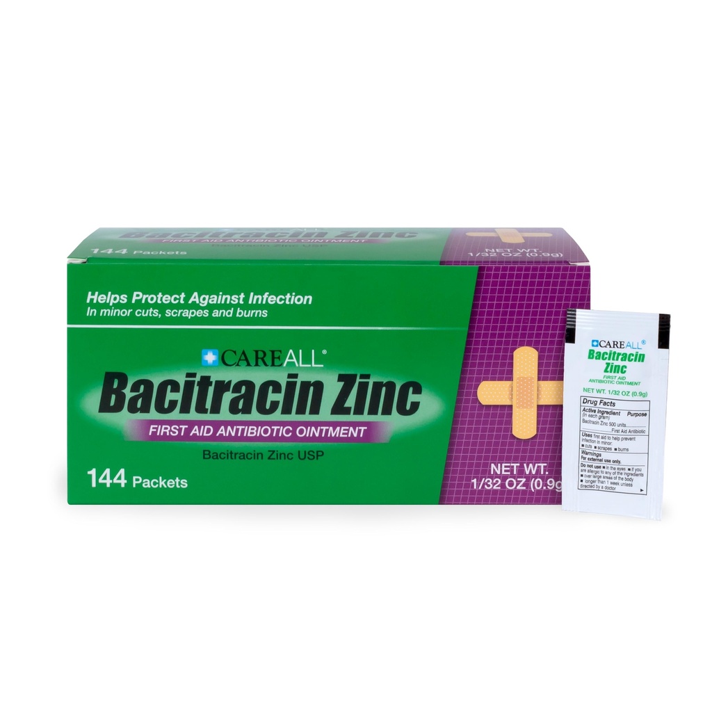 CareAll Bacitratin Antibiotic Zinc Oinc (144 Pack), 0.9gr Foil Packet. Ovida Bantuan Pertama Infeksi Pencegahan untuk Potongan Kecil, Scrapes dan Luka Bakar