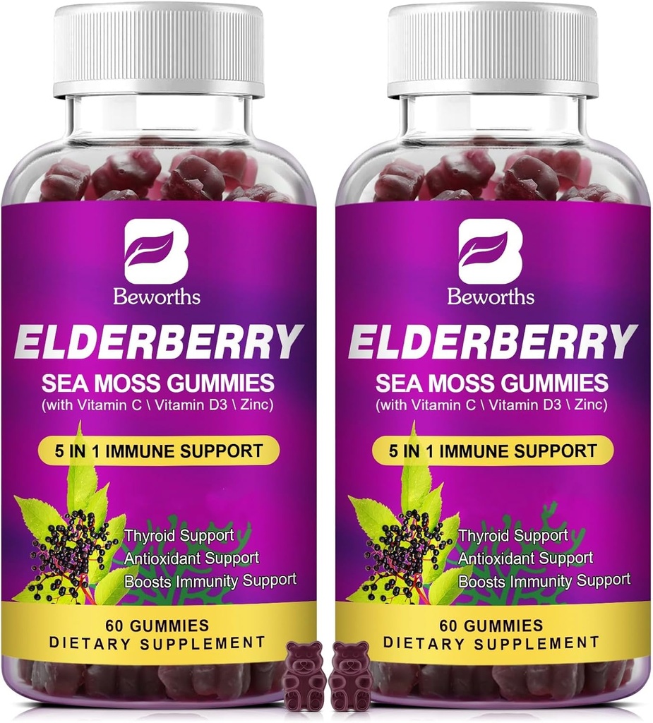 (2 Pack Elderberry Gummies & Irish Sea Moss, Organik Sambucus Elderberry Gummy dengan Seamoss, Zinc, Vitamin C, D3, Multivitamin Elderberry Vitamin - Sugar- Free