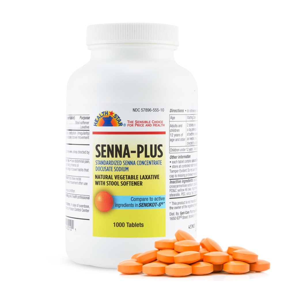 Health Star Senna Plus Laxative & Stool Softtener Tablet 50mg / 8.6mg Strength Natural Vegetable Stimulant Laxative 124; Gentle Constipation Relief 124; Docuciate Sodium for Bowel Movement (1,000 Tablet