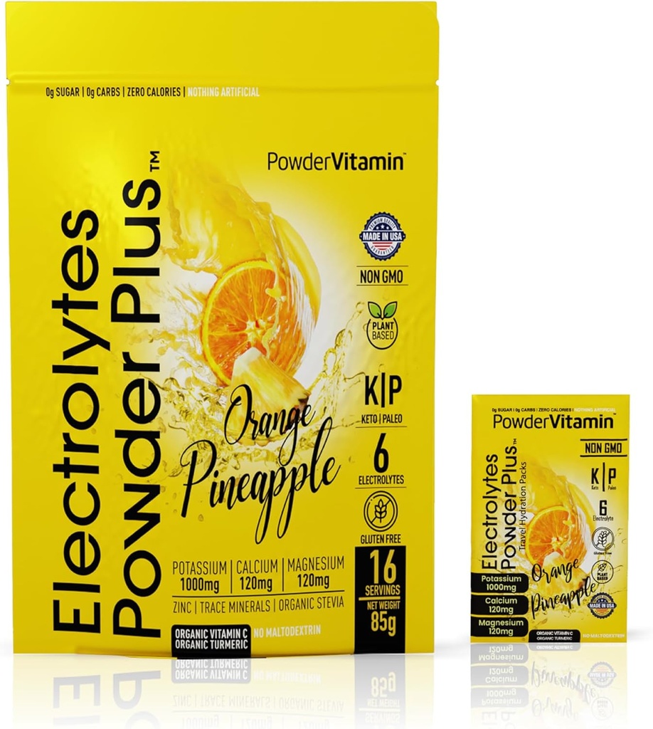 PowderVitamin Electrolytes Powder Plus, Keto, Orange Pineapple, Sugar Free, Pink Himalaya Salt, 1000mg Potasium, 120mg Calcium, 120 mg Magnesium, Non-GMO, Zero Calories, (16 Paket Hidration)