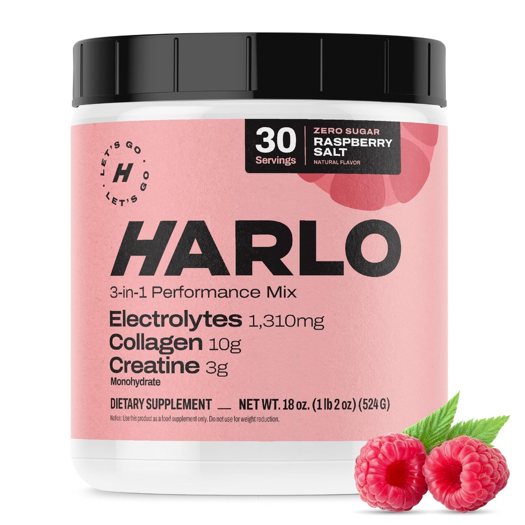 Harlo - Raspberry Salt Electrolite Drink Mix with Bovine Collagen & Creatine-Creatine Monohydrate pounder - Energy Der Powder - Pra Workounder - Sugar Free Energy Drink - Post Workouring