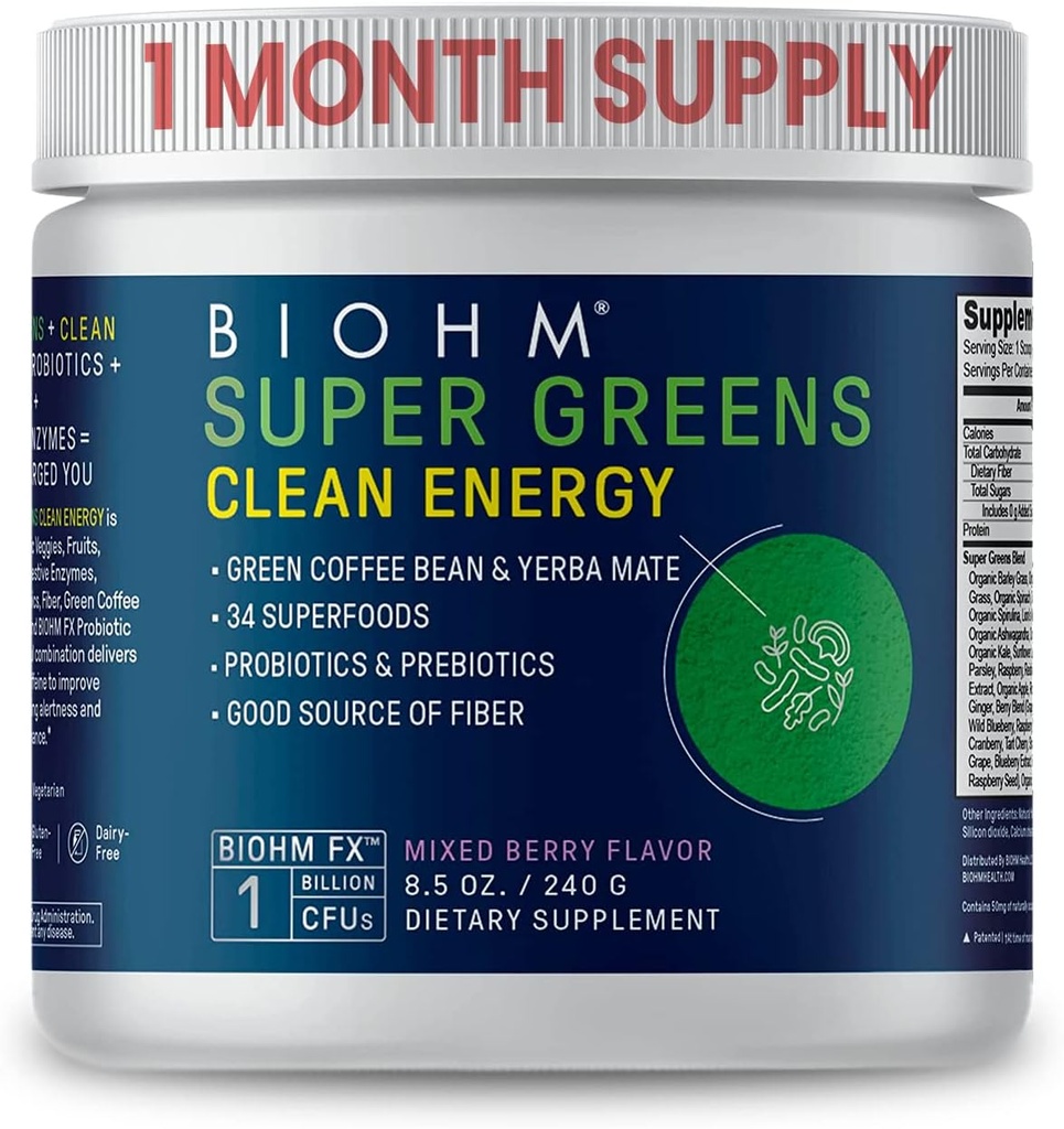 BIOHM Super Greens Clean Energy (8.5 Oz, 30 Servis Kesehatan & Penyatuan, 34 Buah Alam, Sayuran & Herbal Ekstrak dengan Prefek, Progories & Enzymes