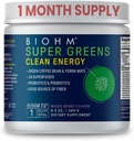 BIOHM Super Greens Clean Energy (8.5 Oz, 30 Servis Kesehatan & Penyatuan, 34 Buah Alam, Sayuran & Herbal Ekstrak dengan Prefek, Progories & Enzymes