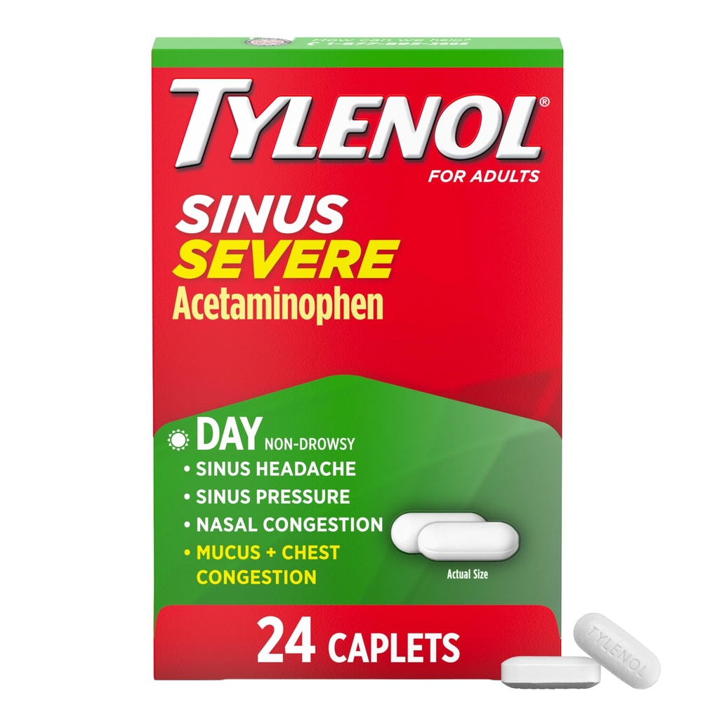 Tylenol Sinus PAST Daytime Cold & Flu Relief Medictory Caplets, Non- Drowsy Pain Reducer Reducer Expectorant & Decongestant, Acetaminopenhen, Guaifenesin & Phenylephrine HCI, 24 ct