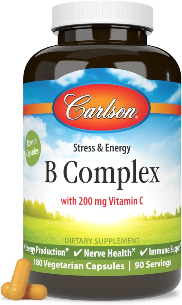 Carlson - B Kompleks Balanced B Vitamin with Vitamin C - Stress, Energy & Imune Vitamin B Complex for Women & Men - 180 Vegetarian Capsules