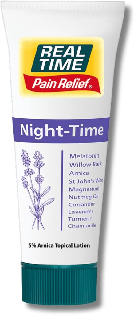 Real Time Relief Night Time Cream 4oz Tube - 22 Natural Ingredictions: 5% Arnica, Melonalin & Lavender - Aids Sleep & Enases Discomfort in Joints, Muscles, Nerves, Back Aches, Bruises & Body Tension