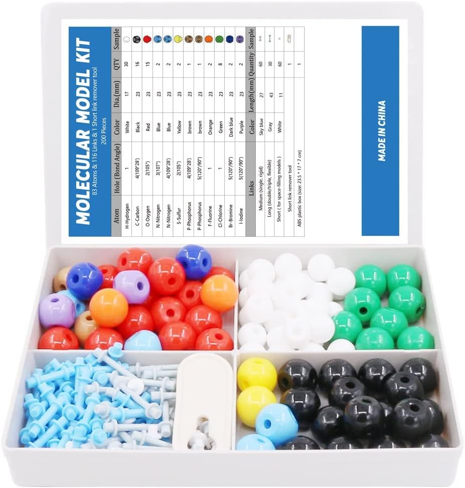 Swpeet 200 Pcs Molekuler Model Kit untuk Kimia Organik dan Inorganik, Kimia Molekuler Model Mahasiswa dan Guru Set - 83 Atom & 116 Links & 1 Alat Remover Link