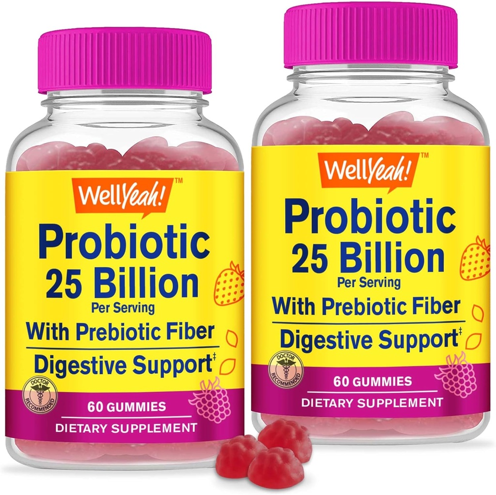 WellYeah (2 Paket 25 Miliar Prograines + Pregities for Men and Women Gummies - Dukungan Digetical Health, Gut Health, Imune Dummere Dummy - Prograin for Digetical Health with 12 Strains - 60 Gummies