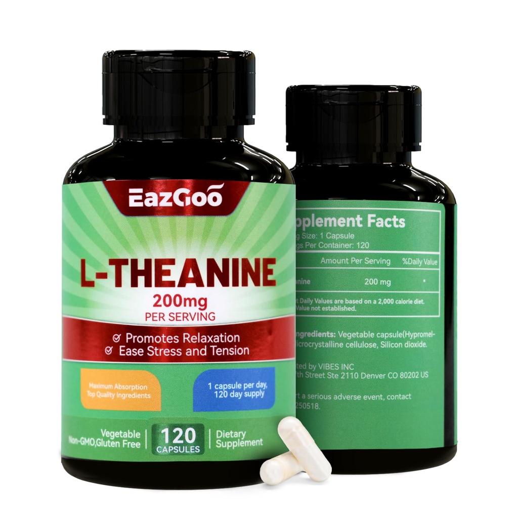 L- Theanine 200mg, Amino Acid Suplemen untuk Mendukung Relaksasi, Stress, L Theanine Capsules - Non-GMO, Gluten Bebas, 240 Veg Capsules