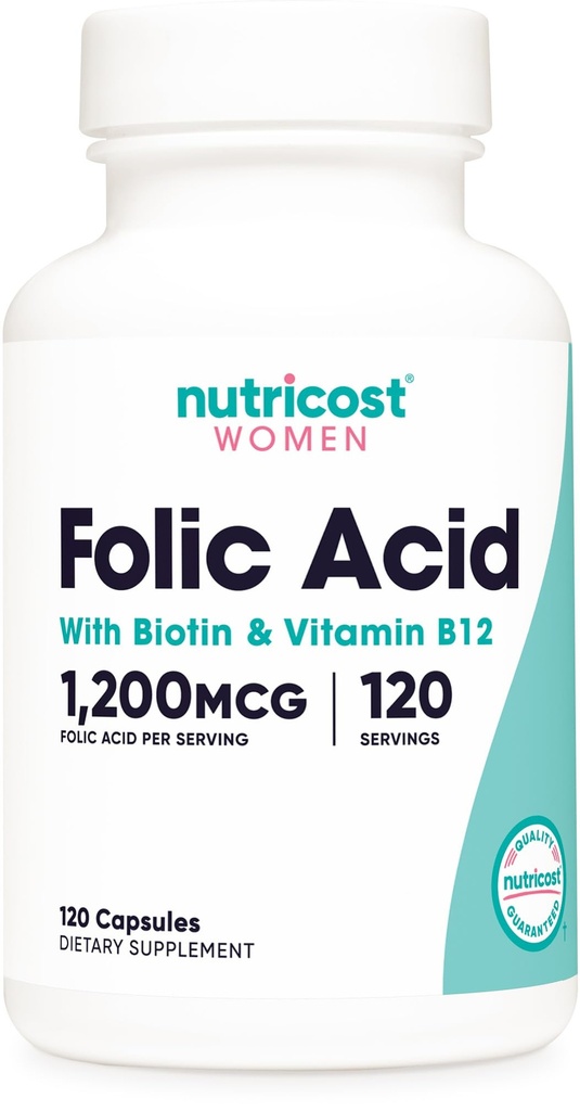 Nutricost Acid for Women (Vitamin B9) 1200 mcg, 120 Capsules, dengan B12 dan Biotin, Veggie Caps, Non- GMO & Gluten Bebas