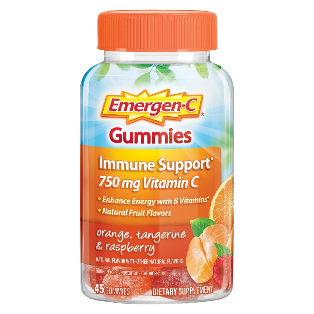 Emergen- C 750mg Vitamin C Gummies untuk Dewasa, Imunitas Gummies dengan B Vitamin, Gluten Free, Orange, Tangerine dan Raspberry Flavors, Kembali ke Sekolah Esensial - 45 Count