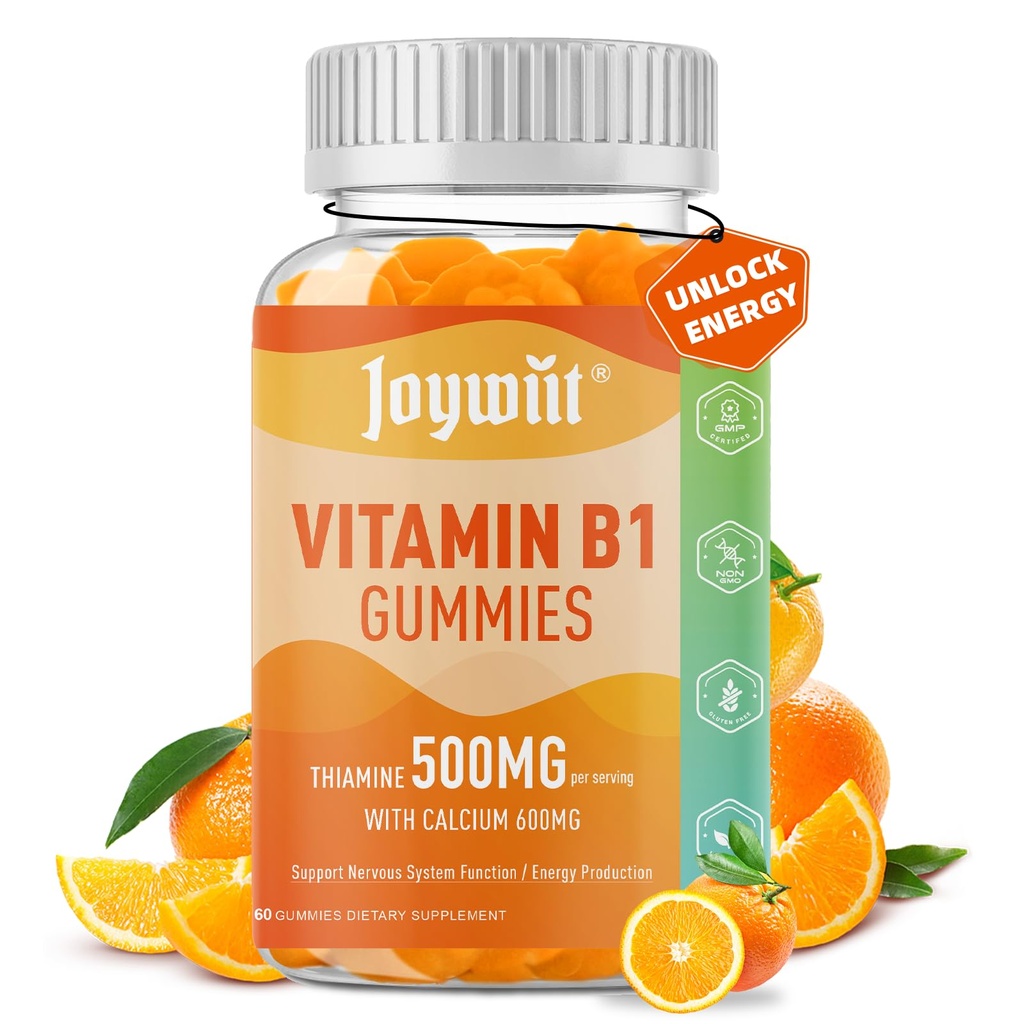 Vitamin B1 Gummies 500mg, Tambahan Thiamine B1 Chewable untuk Orang dewasa, dengan 600mg Kalsium Citrate, Dukung Sistem Gugup, Vegan, Orkey Flavor Alam