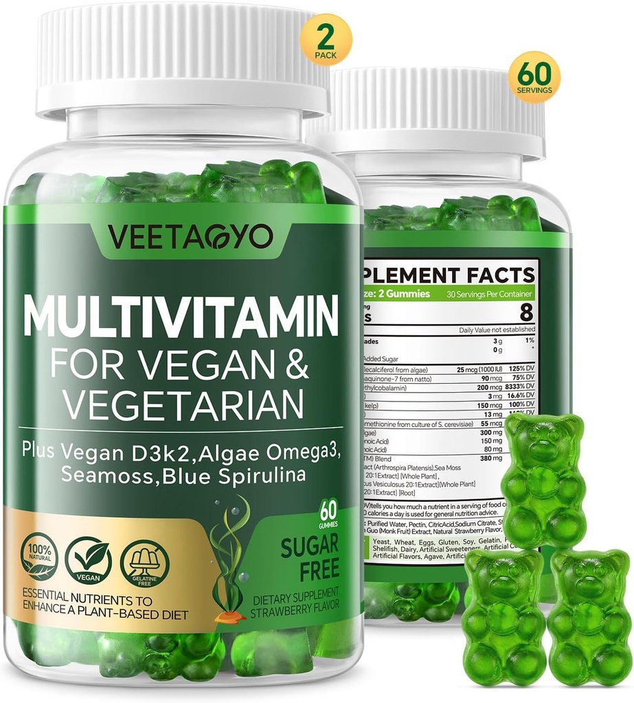 Vitamin D3 + K2-100IU D3 90mcg K2 - Multivitamin untuk Vegetarian & Dewas w / Algae Omegaga- 3, Besi, Metil B12, Seamoss, Iodin untuk Bone, Muscle, Energy, Support kekebalan tubuh