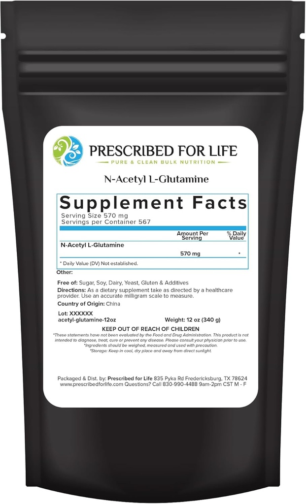 Prescripted For Life N Acetyl Glutamine Powder, Clear L Glutamine Acids Suplemen (12oz / 340g)