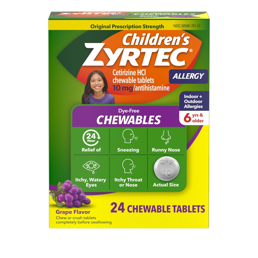 Zyrtec Children 's Dye- Free Chewables for 24 Hour Alergy Allergy Relief, 10 mg Cetirizine Hydrochloride Antihistamine Tablet, Anak-anak Allergy Medicine Relieves Sneezing & Itchy Throat, Grape, 24