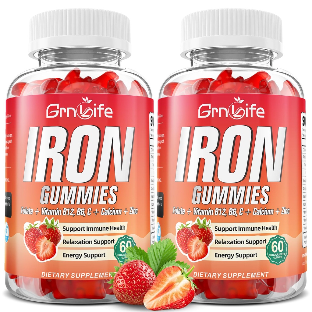 Iron Gummies for Women, Men & Kids, Sugar Free Iron Suplement with Calcium, Zinc, Folate & Vitamin B12, C, B6 - for Blood Building & Energy Support, Anemia, Strawberry, 120 Count