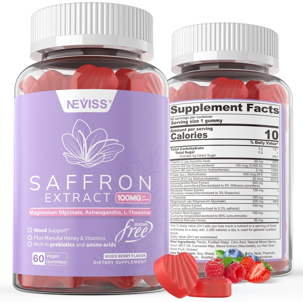 Suplemen Saffron Gummies 100mg - 100% Ekstrak Saffron Murni dengan Magnesium Glycinate, L-Theanine, Turmeric, Ashwagandha, Honey & Vitamin B Kompleks untuk Mood & Power, Antioksidant, Vitalitas - 120 Count