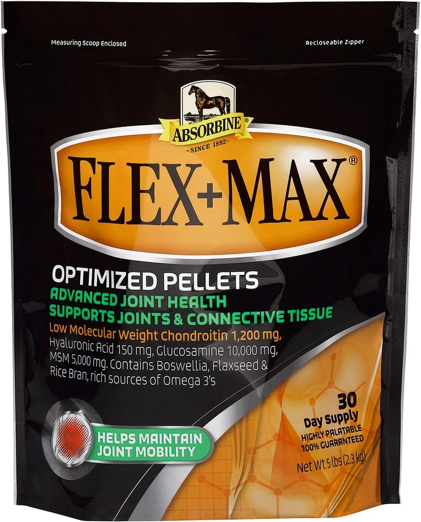 Absorbine Flex + Max Completion Horse Tourment Pelle, Sangat Latabel, Comprehensive Femula Comprehensive dengan Glucosamine, MSM, Chondroitin & Flaxseed, 5lb Bag / 30 Day Supply