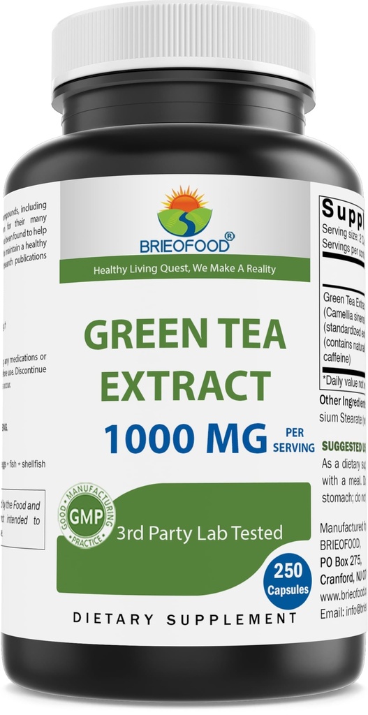 Brieofood Green Tea Extract 1000 mg per Serving (Min 50% Polyphenols) - 250 Capsules - Lab Partai 3 Diuji untuk kemurnian & Kualitas