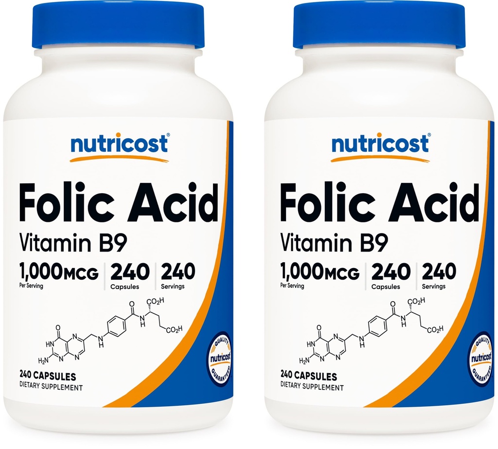 Nutricost Folic Acid (Vitamin B9) 1000 mcg, 240 Capsules (2 Botol)