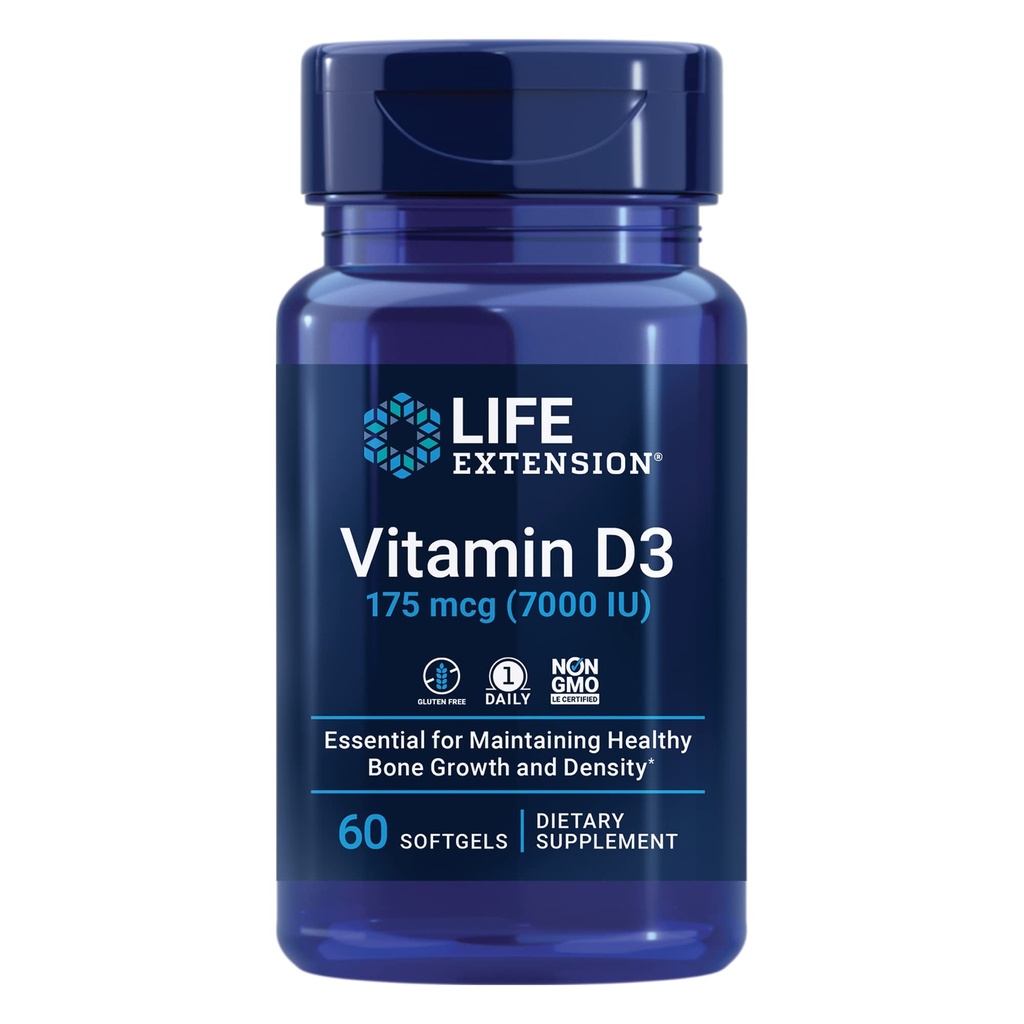 Ekstensi Hidup Vitamin D3 175 mcg (7000 IU), Dukungan Sistem Imune, Kesehatan Tulang, Performance Otak, Glten- Bebas, Non- GMO, Sekali Harian, Persediaan Dua puluh Bulan, 60 softgels