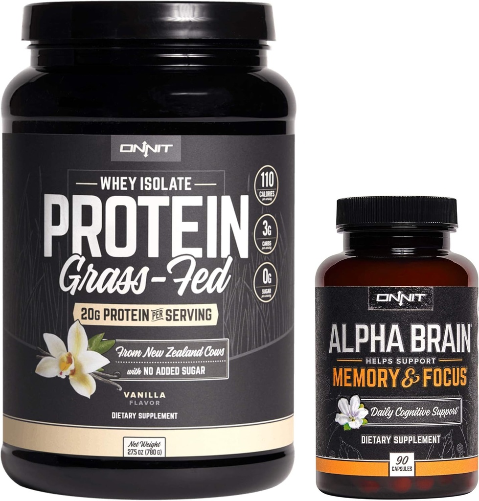 ONNIT Nootropic + Olahraga Nutres Stack - Alpha Brain (90ct) + Grass Fed Whey Protein (Vanilla)