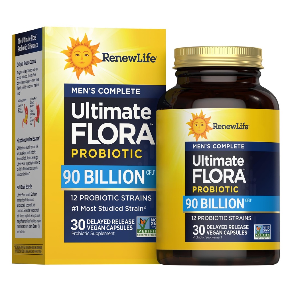 Renew Life Men 's Care Probiotic Capsules, Support Mens Digeptical, Colon, Immune dan Repiratory Health, L. Rhamnosus GG, Dairy, Soy dan gluten-free, 90 Milyar CFU, 30 Count