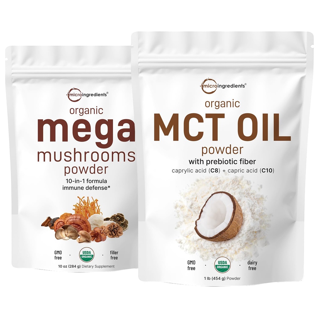Mikro Ingredians Organic Mega Mushroom Popper 10oz & Organic MCT Oil Powder 1 lb Bundle 2 Pack 124; 10 dalam 1 Mushroom Complex 124; C8 MCT Oil, Plant Based Creamer