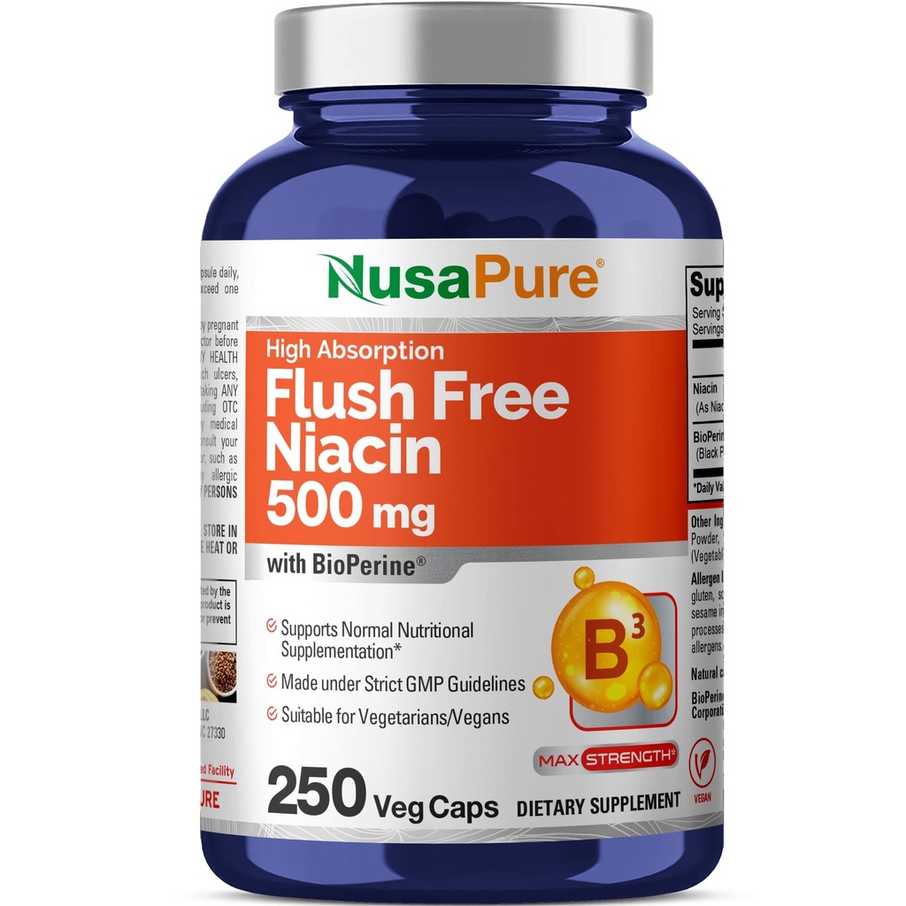 NusaPure Flush Free Niacin 500mg 250 caps (Vegan, Non- GMO & Vegan) Bioperin
