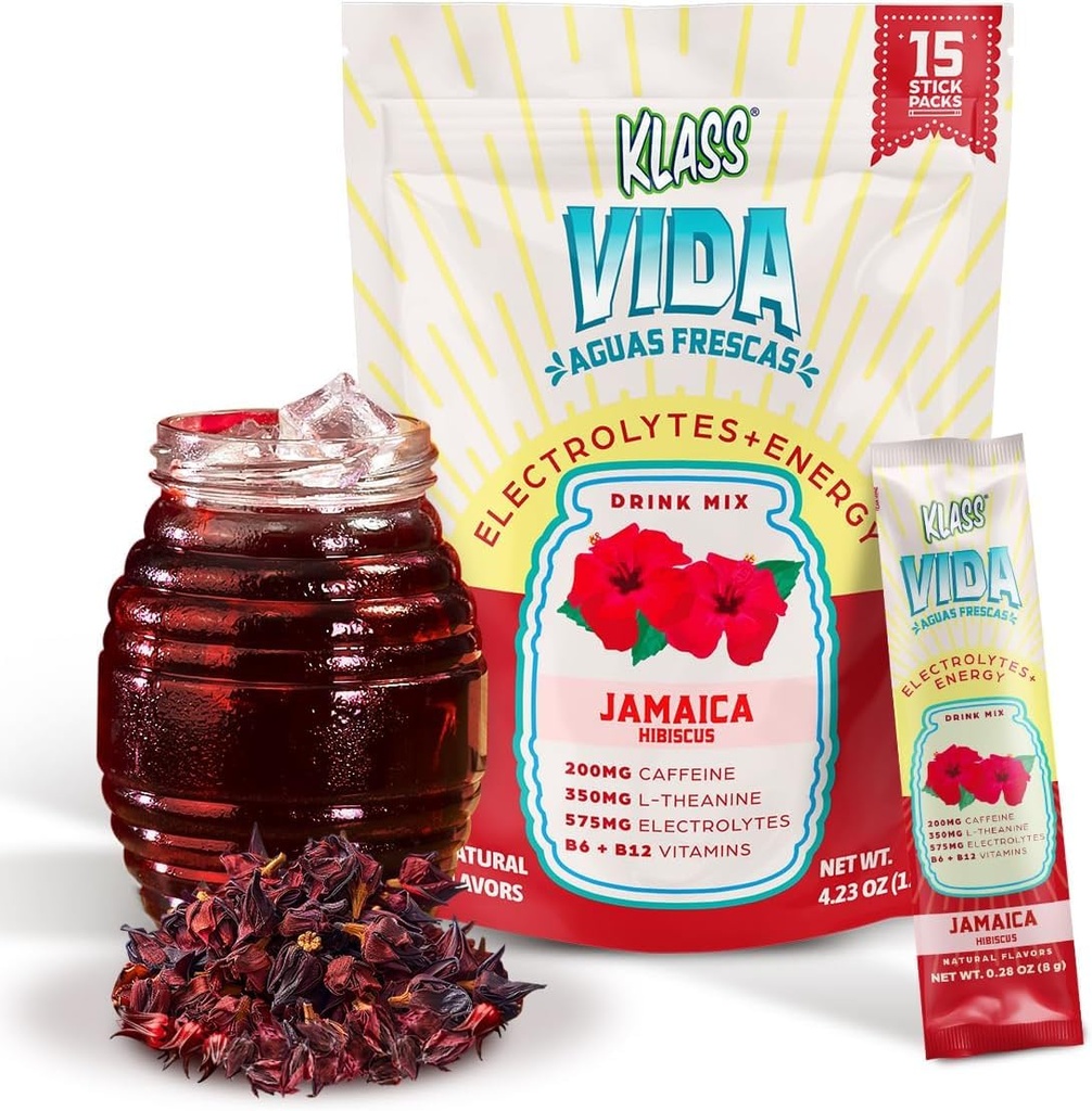 Hidration + Energy Electrolite Drink Mix - Hibiscus Agua Fresca Flavor 124; Sugar-Free Powder dengan Caffeine, L- Theanine, Coconut Water & Minemary 124; 15 Single - Serve Stick Packs, Low Calorie