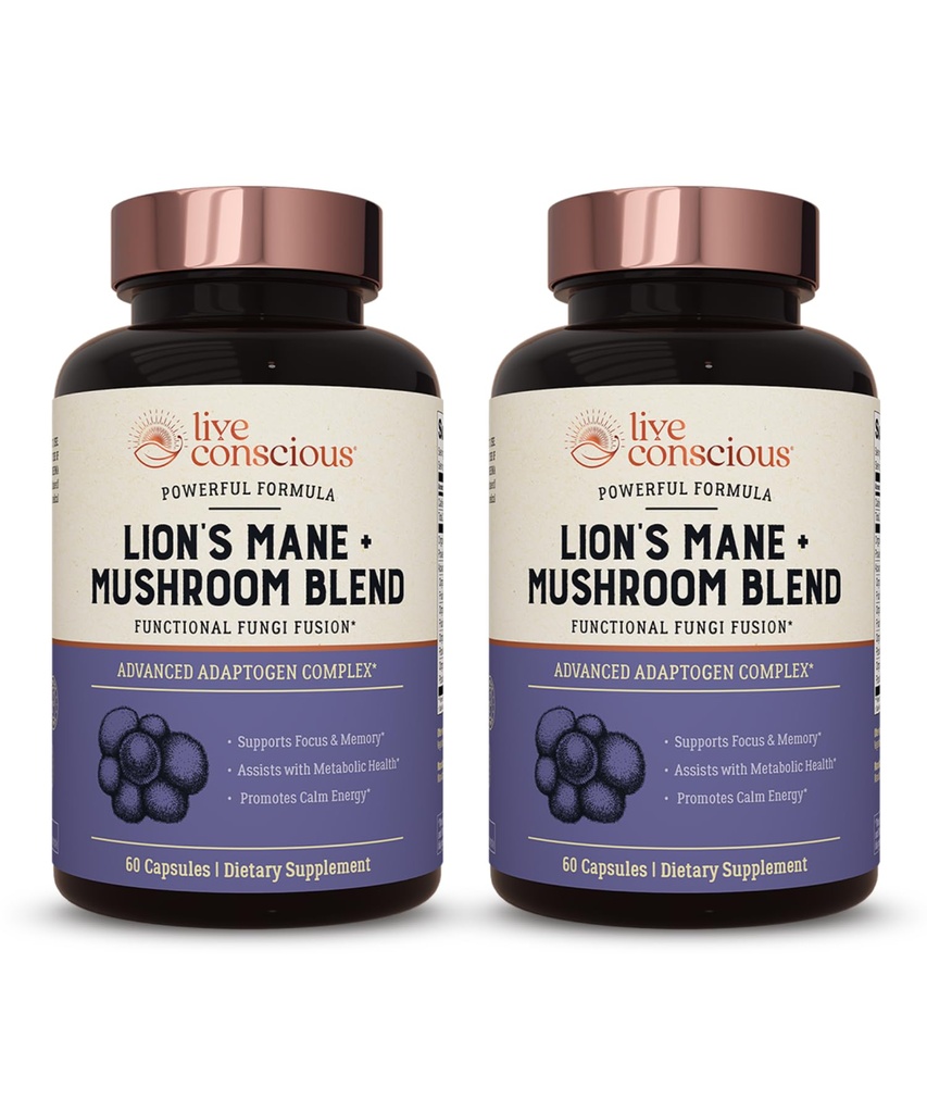 Live Conscious Lions Mane Mushroom Supplement Kapsul Otak Untuk Dukungan Otak w / Lion 's Mane, Cordyceps, Reishi, dan Turkey Tail Mushroom