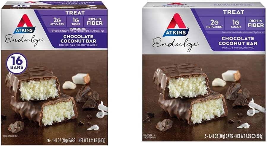 Atkins Endulge Chocolate Coconut Bar 16 Count & 5 Count Bundles, Dessert Favorit with Chocolacey and Coconut Flavors, High in Fiber, 1g Sugar per Serving