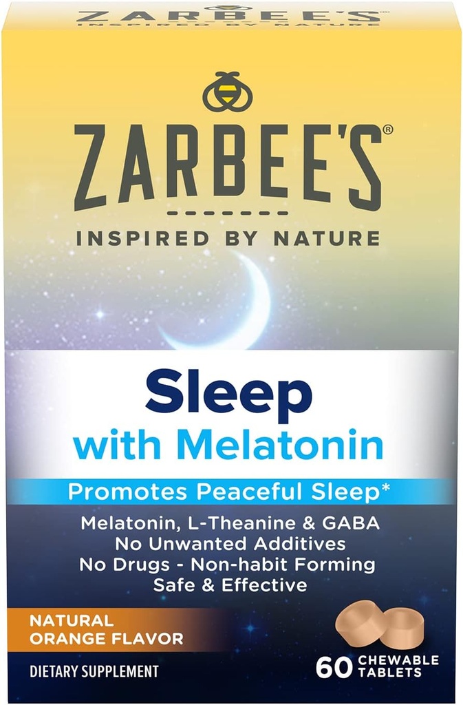 Zarbee 's Melonatin 5mg, L- Theanine + GABA Sleep Supplement to Protrement Peadeous Sleep, Natural Orange Flavor, Chelable Tablet for Age 12 Up, 60 Count