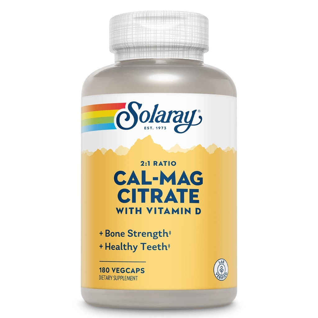Kalsium SOLARAY & Magnesium Citrate 2: 1 Rasio w / Vitamin D- 3, Healthy Bones, Dukungan Muscle & Nervous System, Absorpsi Tinggi 180 Capsules