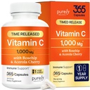 Murni Holistik Vitamin C 1000mg, 365 Kapsul, 12 Bulan Supply, 2 Tahap Waktu Rilis dengan Acid Ascorbic, Rosebup & Acerola Cherry Bioflavonoid, Imune System Dukungan, Vegan