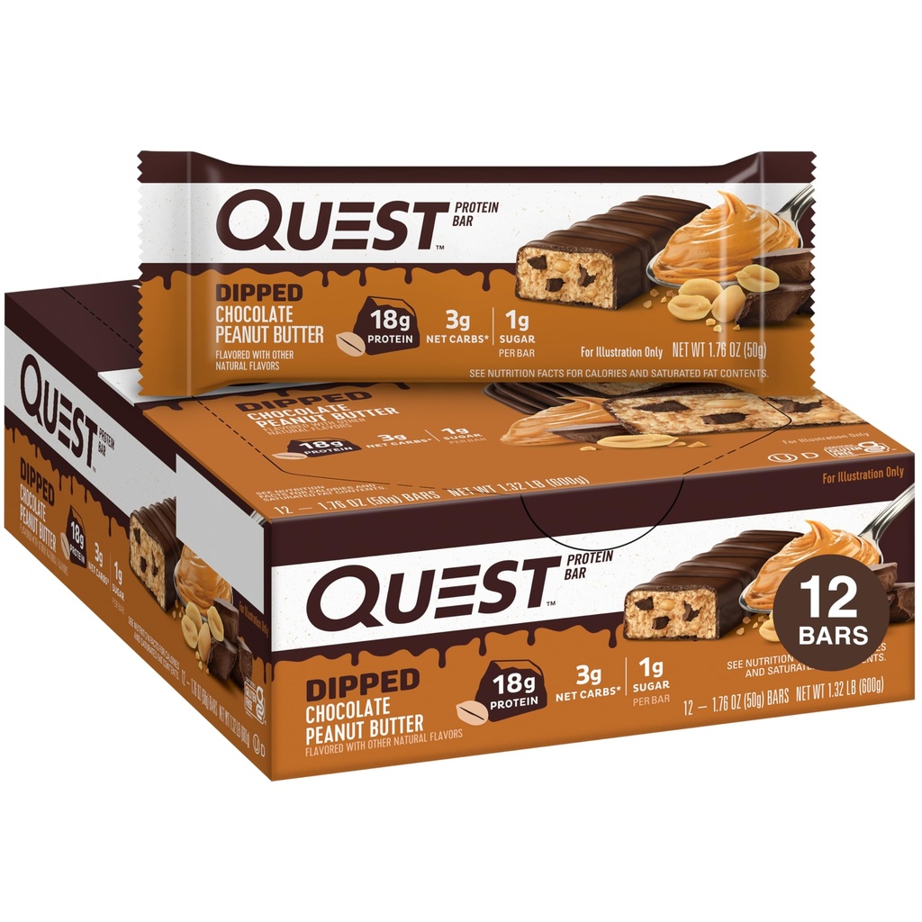 Nutrition Quest Dipped Chocolate Peanut Butter Protein Bars, 18g Protein, 1g Sugar, 3g Net Carbs, Gluten Free, 12 Count
