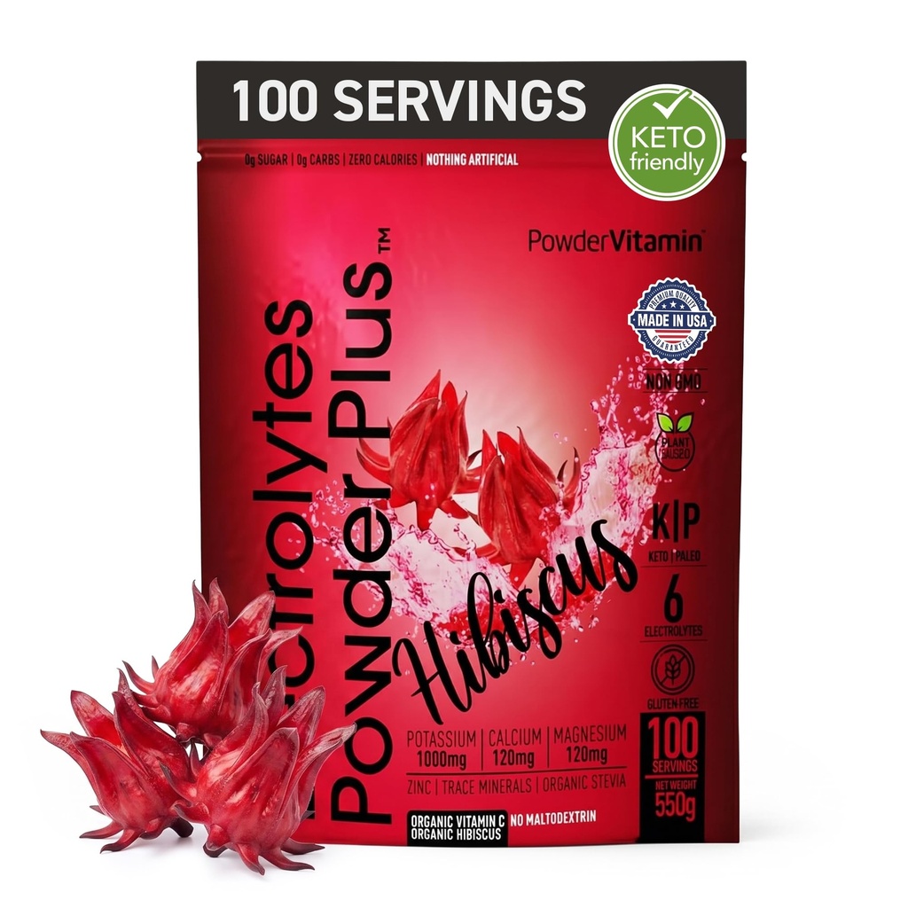 PowderVitamin Electroltes Powder Plus (100 pelayan) Hibiscus Electrolyte Powder Zero Calorie Keto, 0 Sugar, No Maltodextrin, 100mg Potmorg Calcium, 120mg Magnesium, Hidration Powder