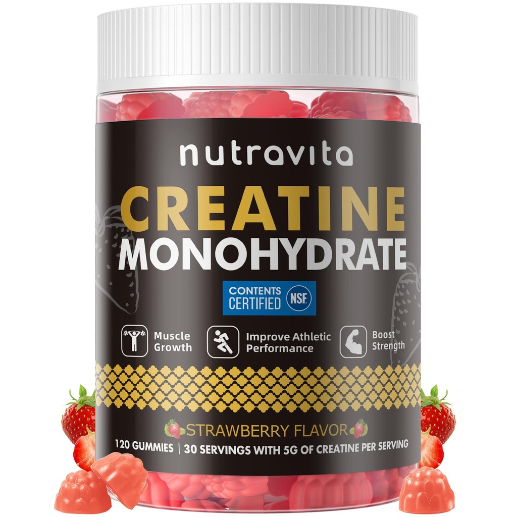Nutravita NSF Cerdened Creatine Gummy - Creatine Monohydrate Gummies for Men & Women -5g of Creatine Monohydrate per Serving - Sugar Free, Vegan, Strawberry Flavor, 120 Count