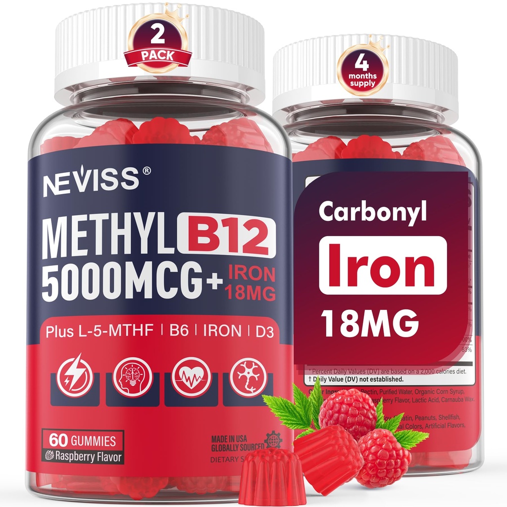 Metyl B12 Vitamin 5 mcg Gummies + Iron 18 mg for Women - Aktif Methylcobalamin Metholated B12 Vitamin Suplemen w / L- MethylFolate, B6 (P5P) & D3 for Energy & Commiting, 120 Servis