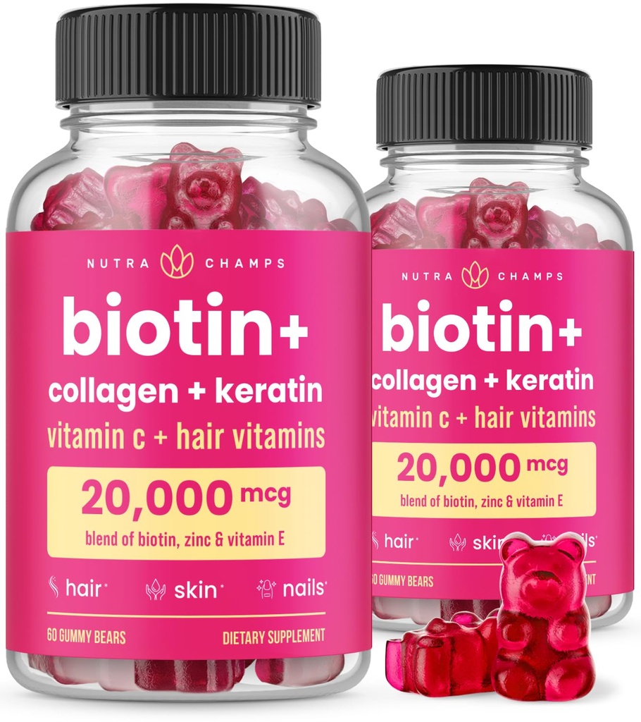 NutraChamps Hair Skin & Nails Gummies, Biotin with Collagen & Keratin, 5000mcg Biotin Beauty Complex, Vitamin Supplemen, Berry, 120 Count, Healthy Hair, Radiant Skin & Strong (Pack of 2)