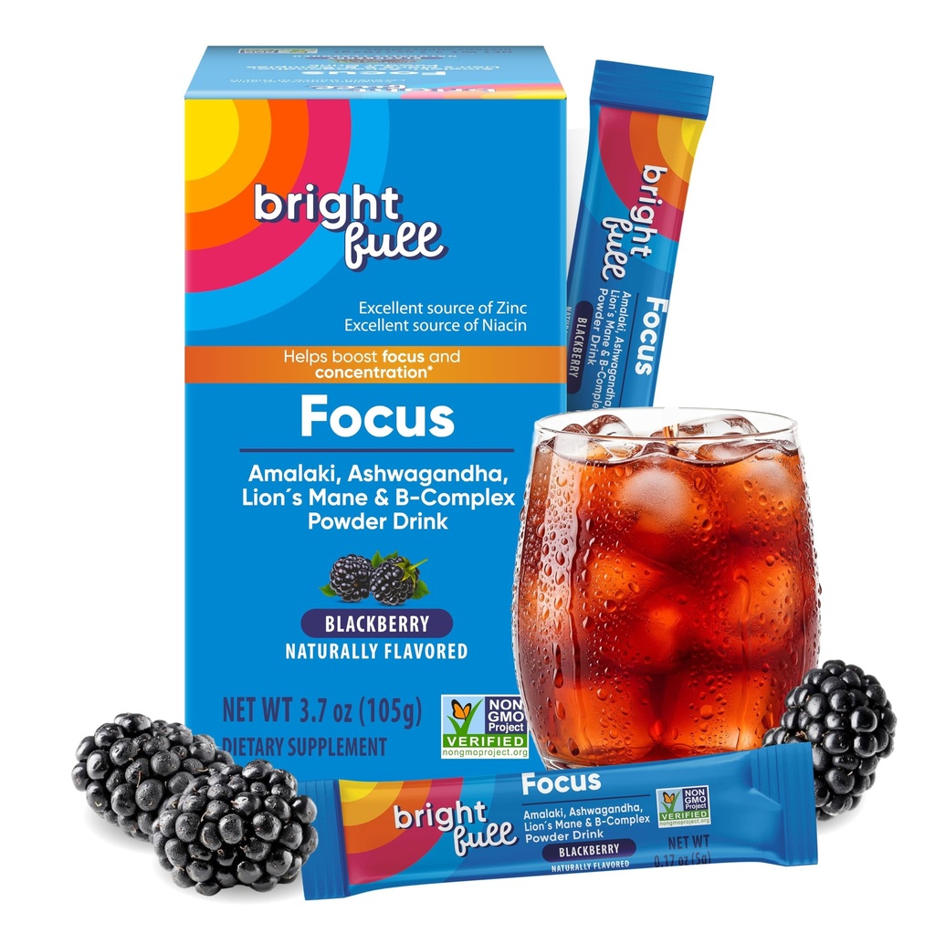 Suplemen Fokus Sugar Free Dietary Supplement Mix dengan Ashwagandha, Mane Lion, B Vitamin B1 B2 B3 B5 B6 B12, untuk Performance Kognitif & Clarity BlackBerry, 21 Hari Suppply