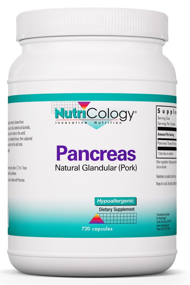 Nutricology Pankreas Dieter Suplemen - Digetical Support, Natural Glandur (Pork), Enzymes, Hypoallergenic, Vegetarian Capsules, Gluten Free - 720 Count