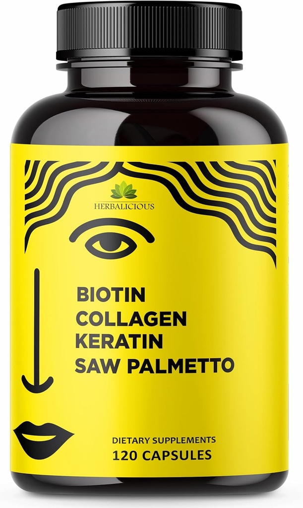 HERBALIOUS Biotin Vitamin with Collagen, Keratin & Saw Palmetto for Women and Men - Biotin 10000 mcg Hair Skin Nails Suplemen untuk Rambut, Skin, dan Nails Wellness - dibuat di USA, 120 Capsules