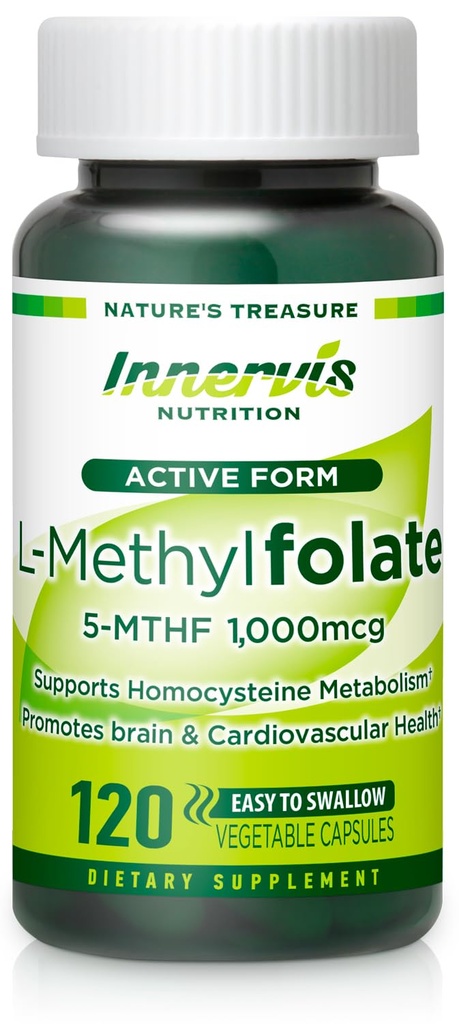 Bioactive Folate (L-5-MTHF 10000mcg, Folate 1700mcg) - Brain & Mood Dukung, Easy- to-Swallow, 120 Veg Capsules