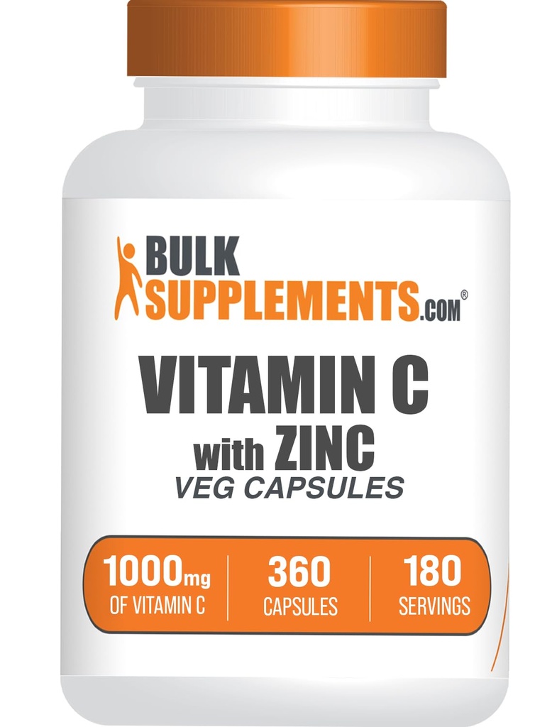 BulkSuplements.com Vitamin C dengan Zinc Capsules - Vitamin C 1000mg & Zinc 15mg, untuk Imune Dukung - Vegan, 2 Capsules per Serving, 360 Veg Count (Pack of 1)