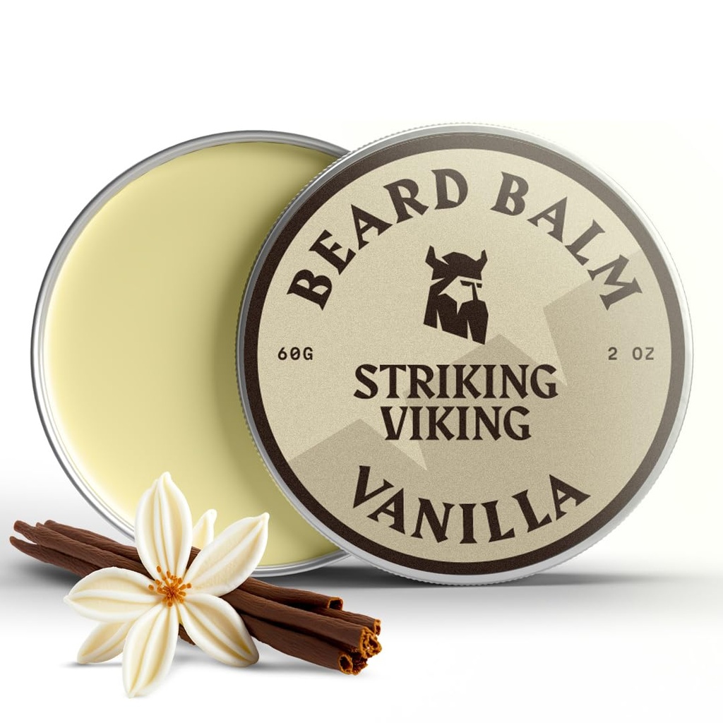 Striking Viking Balm for Men - Leave in Beard Conditioner - Styling Balm Made with Alamy Deherved Beard Butter, Argan & Joba Ounce (2 Ounce (Paket 1), Vanilla)