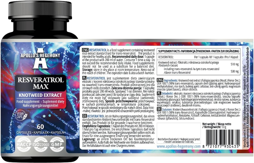 AMOLLO 'S HEGEMONY Resveratrol Max - 500 mg per Capsule - 60 Vegan Capsules - Kesucian Tinggi 98% Ekstraksi - Mendukung Kesehatan Sirkulasi - Antioksidant Alam - Supplemen Dietary