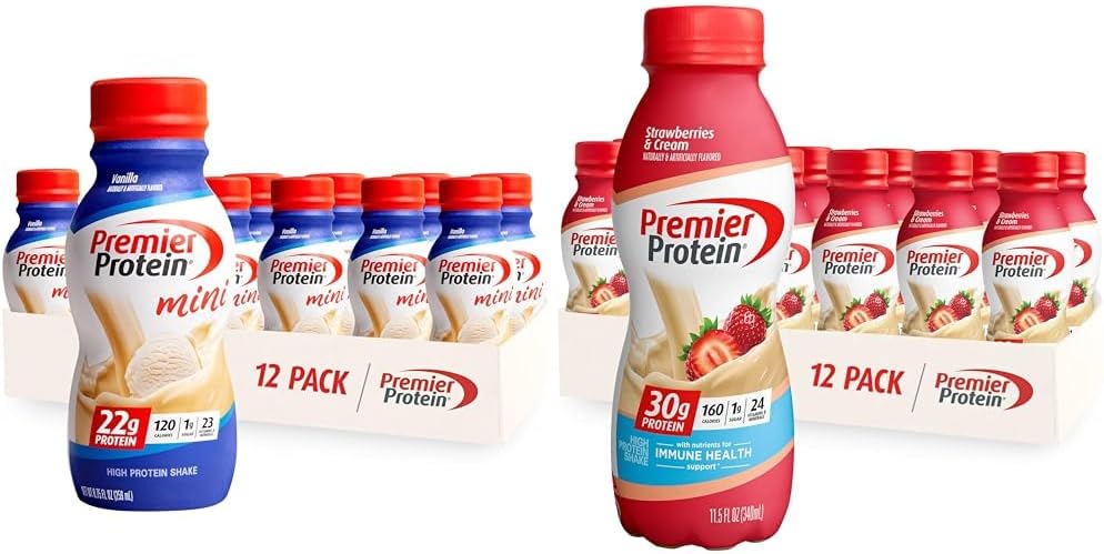 Premier Protein Shake Minis Vanilla 22g Protein 120 Kalories Pack of 12 & Strawberry Premier Protein Shake 30g Protein 160 Kalori Pack dari 12